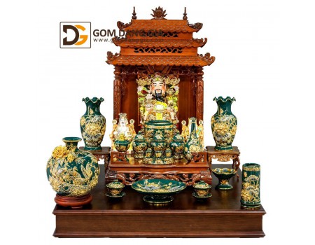 Bộ đồ thờ thần tài thổ địa vẽ vàng nền men lục bảo Bộ đồ thờ thần tài thổ địa vẽ vàng nền men lục bảo